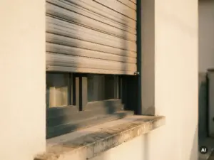 Außenrollladen aus Aluminium in Anthrazit an moderner Hausfassade, teilweise abgesenkt mit Schattenstreifen auf der Fensterbank.