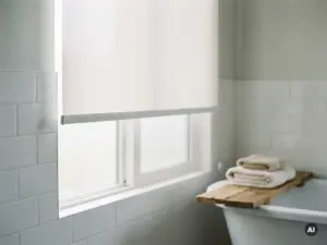 Feuchtigkeitsbeständiges weißes Rollo am Badezimmerfenster mit Milchglas, Kondenswassertropfen auf weißen Fliesen, Holz-Badewannentablett im Hintergrund.