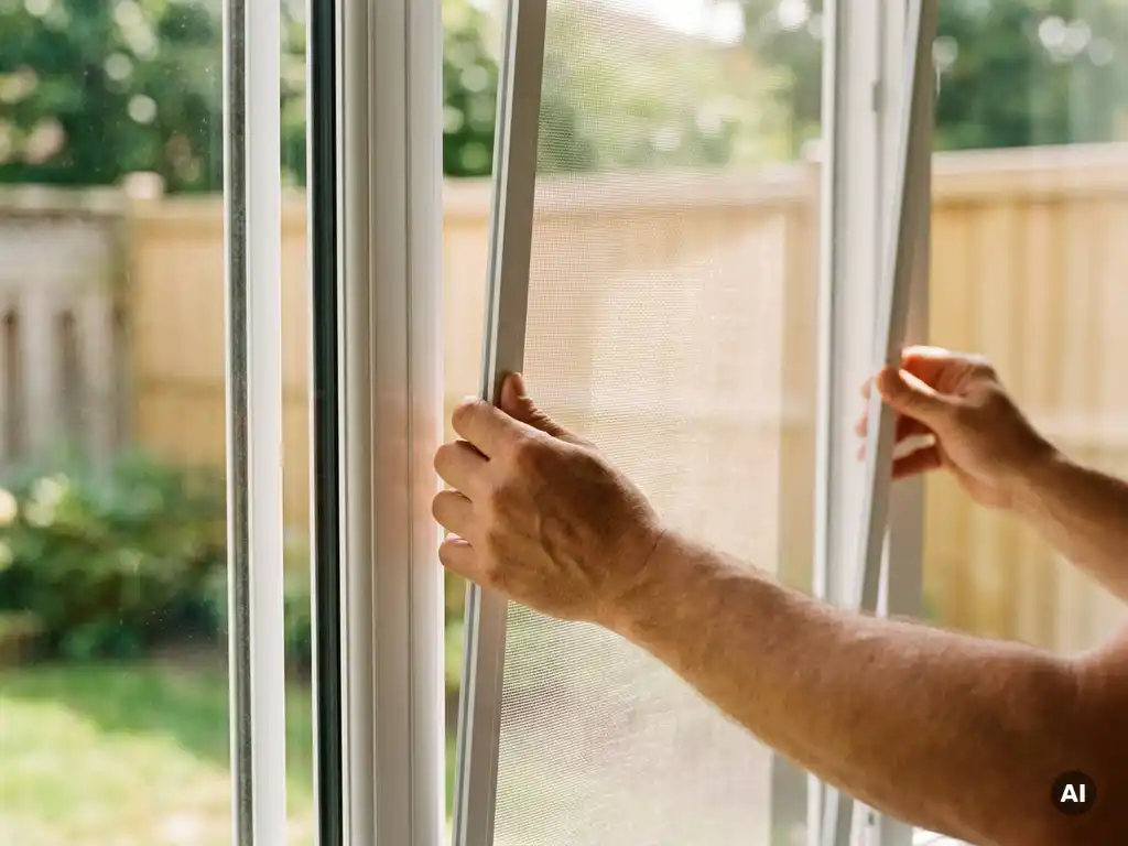 Hände setzen einen weißen Insektenschutz-Rahmen in ein PVC-Fensterrahmen ein, Garten im unscharfen Hintergrund.