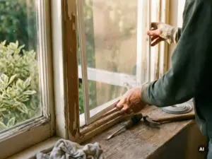 Techniker setzt weißen Insektenschutz-Rahmen in altes Holzfenster ein, Nachmittagssonne scheint durch das Fliegengitter.