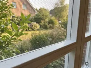 Frisch montiertes Insektenschutzgitter in weißem Holzfensterrahmen mit sonnenbeleuchtetem Garten und grünen Blättern im Hintergrund.