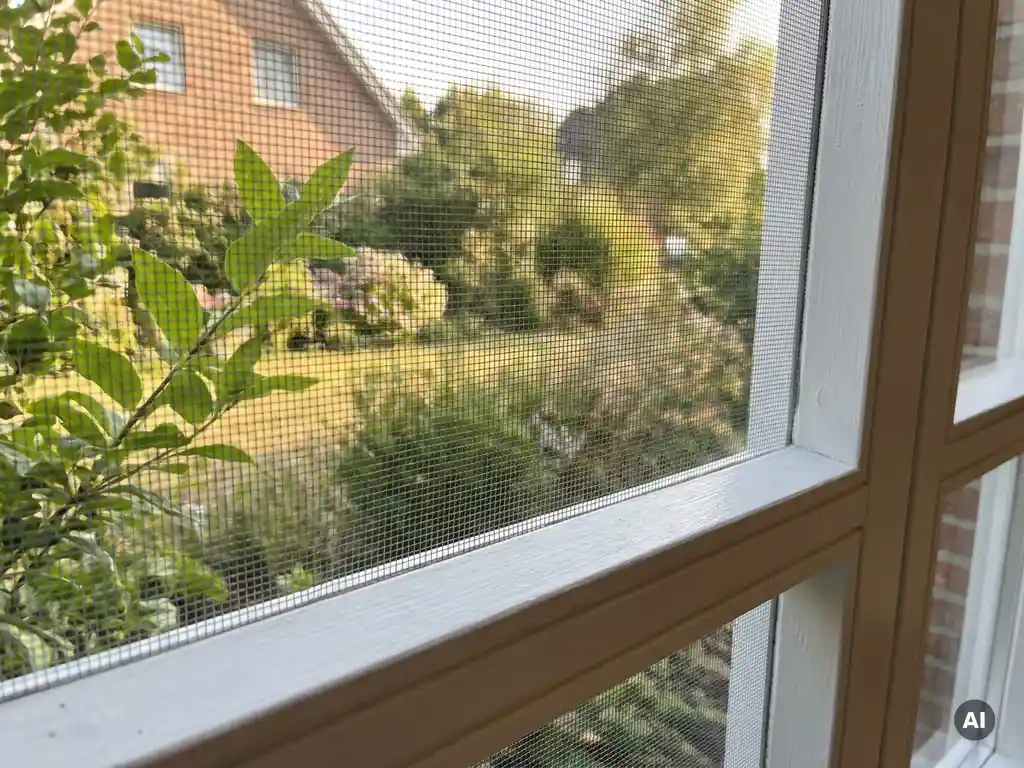 Frisch montiertes Insektenschutzgitter in weißem Holzfensterrahmen mit sonnenbeleuchtetem Garten und grünen Blättern im Hintergrund.