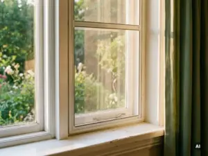 Klemmfix-Insektenschutzrahmen in weißem Fensterrahmen ohne Bohren, warmes Sommerlicht und grüner Garten durch feines Netz sichtbar.