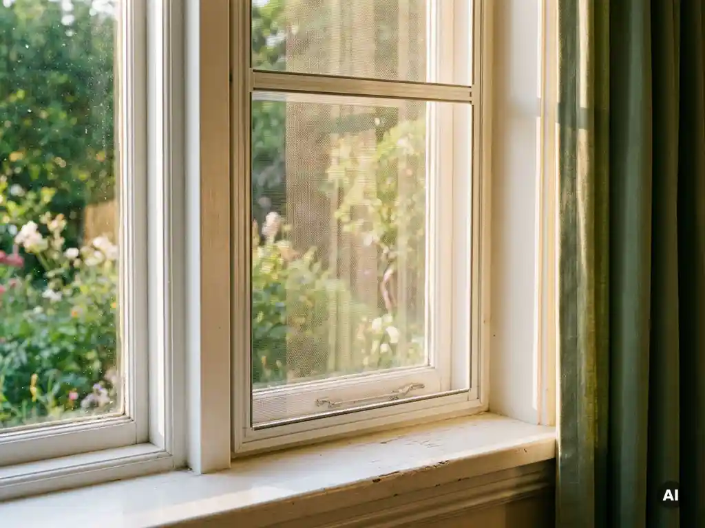 Klemmfix-Insektenschutzrahmen in weißem Fensterrahmen ohne Bohren, warmes Sommerlicht und grüner Garten durch feines Netz sichtbar.