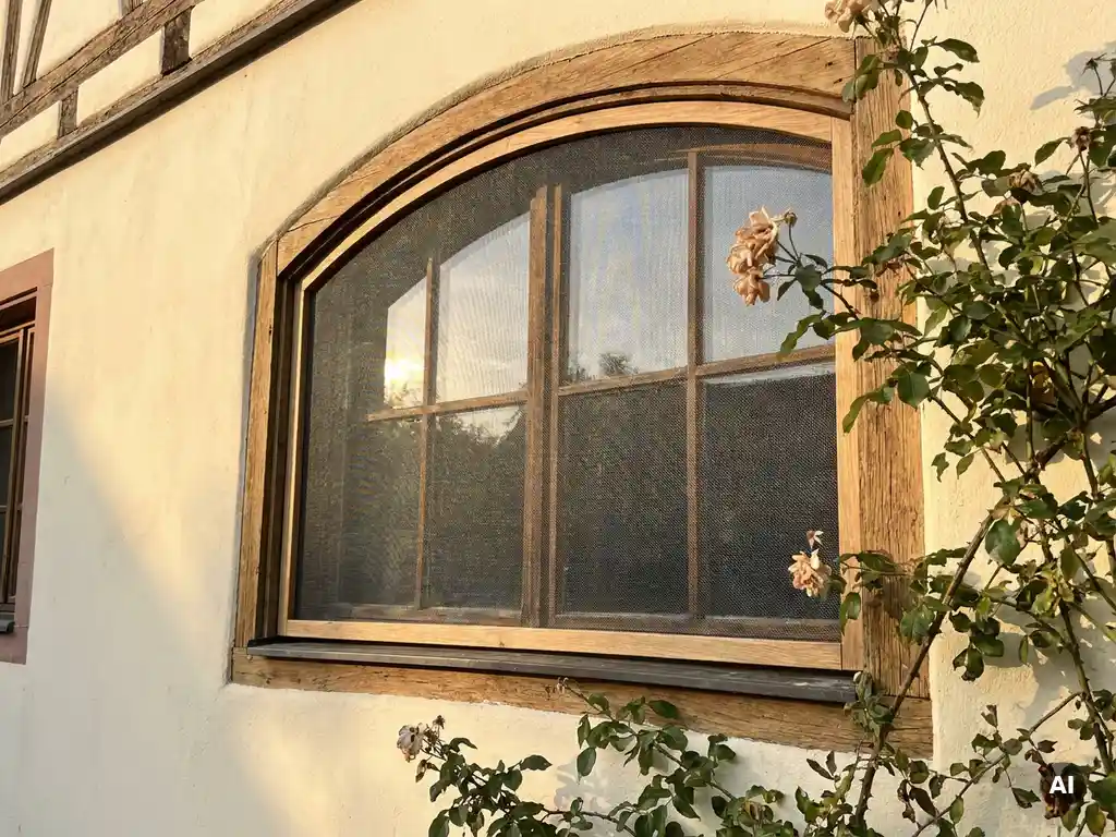 Maßgefertigtes Insektenschutzgitter in einem Bogenfenster einer deutschen Hausfassade mit cremefarbenem Putz im Nachmittagslicht.