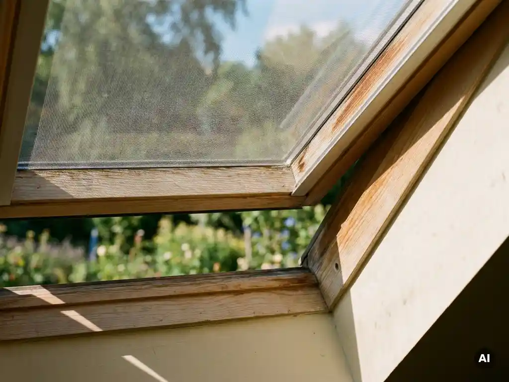 Feinmaschiges Insektenschutzgitter auf einem Holzrahmen-Dachfenster mit Blick auf grünen Sommergarten im Hintergrund.