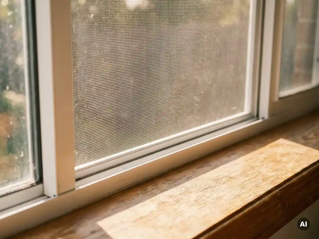 Insektenschutznetz in weißem Aluminiumrahmen, montiert in einem sonnenbeschienenen Fenster mit warmem Morgenlicht und Schattenmustern auf der Holzfensterbank.