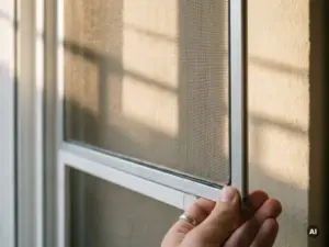 Insektenschutznetz am weißen Fensterrahmen, eine Ecke zurückgezogen zeigt das Aluminium-Klemmprofi, Sonnenlicht wirft Rasterschatten an cremefarbene Wand.