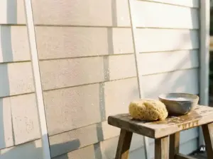 Insektenschutznetz an weißer Außenwand, daneben Naturschwamm und Seifenwasser auf Holzhocker im warmen Nachmittagslicht.