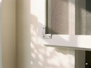 Insektenschutzgitter im weißen Fensterrahmen mit Eckhalterung, Sonnenlicht wirft zarte Schattenmuster auf die Innenwand.