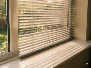 Venezianische Jalousie am sonnigen Fenster mit geneigten Lamellen, die weiche Schattenstreifen auf weiße Fensterbank werfen, grüner Garten im Hintergrund.