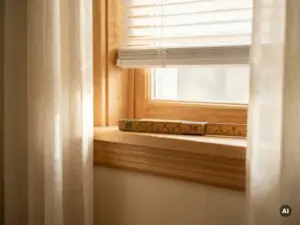 Holzmaßband an einem Fensterrahmen anliegend, daneben eine weiße Jalousie, natürliches Nachmittagslicht, Nahaufnahme der Maßeinteilung.