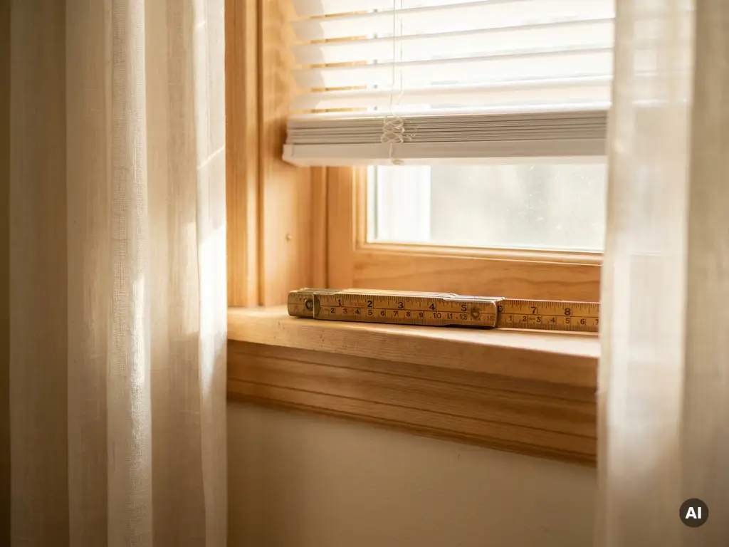 Holzmaßband an einem Fensterrahmen anliegend, daneben eine weiße Jalousie, natürliches Nachmittagslicht, Nahaufnahme der Maßeinteilung.