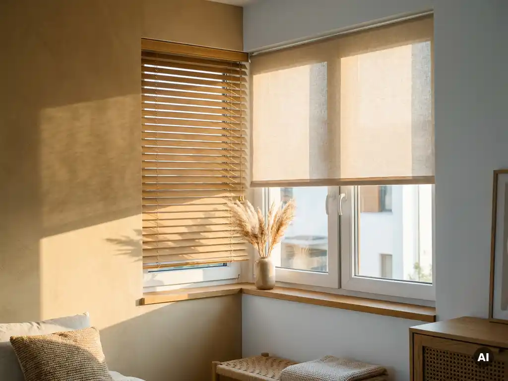 Weißes Fenster mit horizontaler Jalousie und halb herabgelassenem Leinenrollo, warmes Nachmittagslicht wirft Schattenstreifen an die Wand.