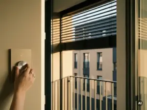 Hand dreht modernen Smart-Home-Wandregler, der automatische Jalousien an sonnenbeschienener deutscher Hausfassade steuert.