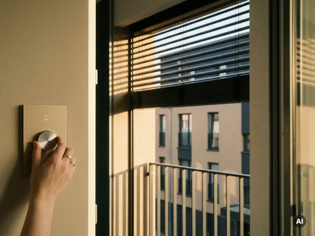 Hand dreht modernen Smart-Home-Wandregler, der automatische Jalousien an sonnenbeschienener deutscher Hausfassade steuert.