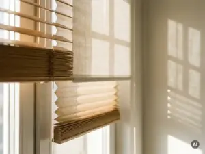 Drei Jalousientypen im Vergleich: Holzlamellen, transparentes Rollo und Plissee vor sonnendurchflutetem Fenster.