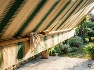Gepflegte Markise aus Stoff über sonniger Terrasse mit Reinigungszubehör auf dem Rahmen, üppiger Garten im Hintergrund.