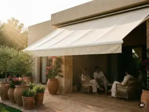 Ausgefahrenes cremefarbenes Markisensegel über sonniger Terrasse mit Terrakottafliesen und mediterranen Topfpflanzen an modernem Haus.
