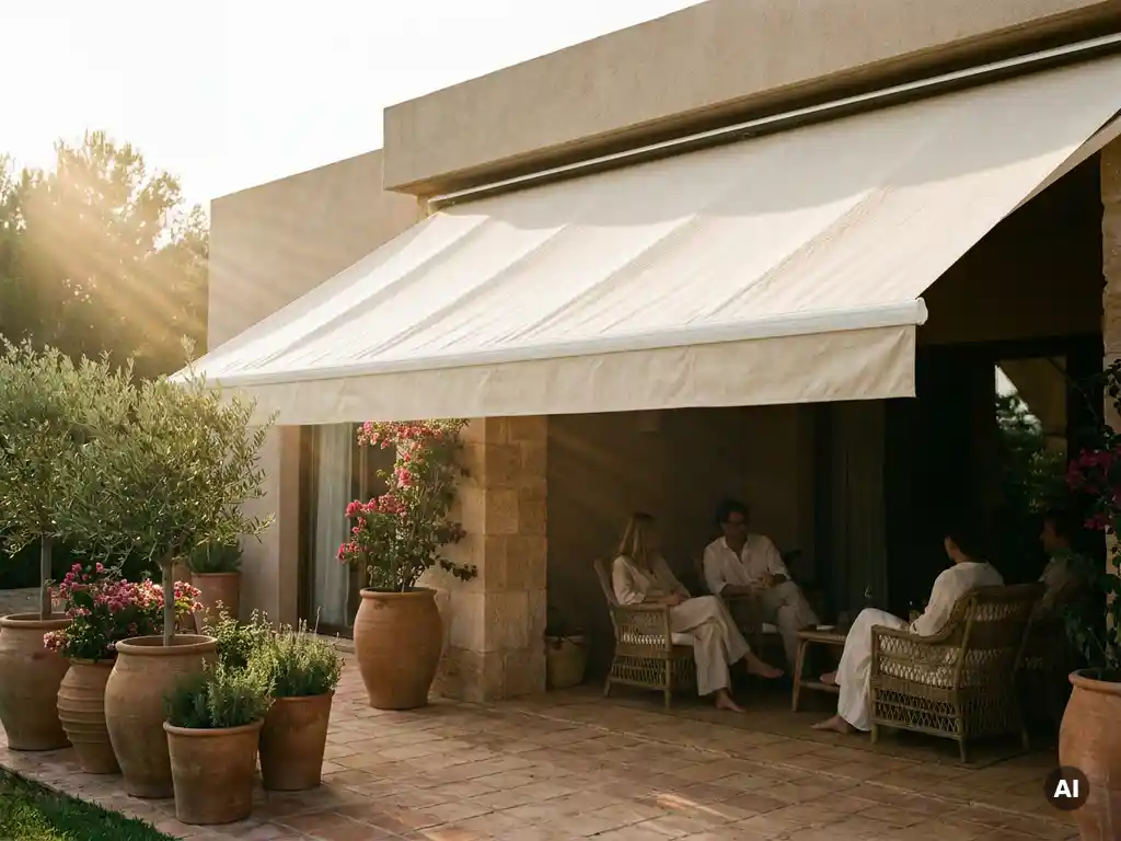 Ausgefahrenes cremefarbenes Markisensegel über sonniger Terrasse mit Terrakottafliesen und mediterranen Topfpflanzen an modernem Haus.