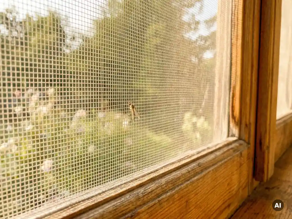 Moskito auf weißem Insektenschutzgitter in Holzrahmen, unscharfer Sommergarten im Hintergrund, warmes Tageslicht.
