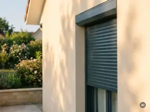 Motorisierter Rolladen schließt sich an sonnenbeschienener Einfamilienhausfassade mit weißem Putz und Garten im Hintergrund.