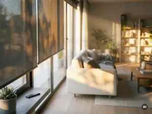 Motorisiertes Rollo fährt an modernem Wohnzimmerfenster herunter, kleiner Funk-Fernbedienung auf der Fensterbank, warmes Nachmittagslicht.