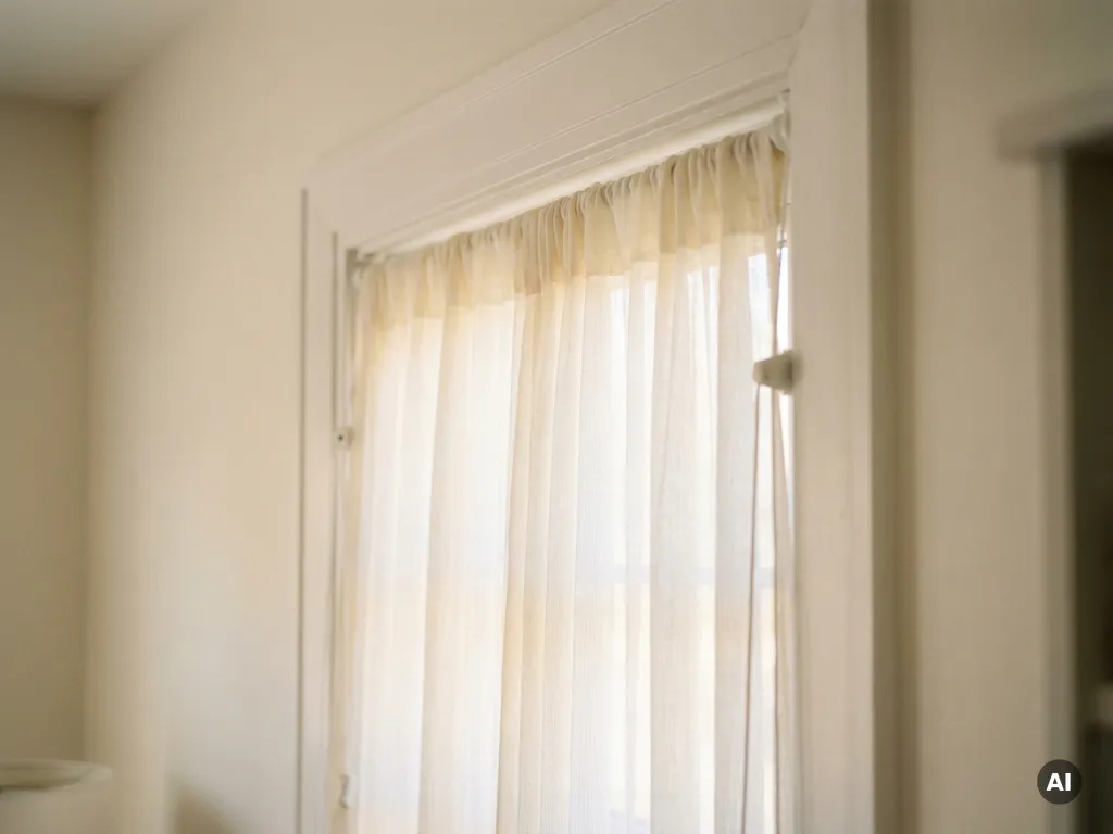 Plissee-Jalousie in Elfenbeinweiß, bohrerlos am Fensterrahmen montiert, mit weichem Tageslicht in modernem Interieur.