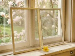Feines Pollengewebe und Insektenschutzgitter lehnen an einem sonnigen weißen Fensterrahmen, gelbe Blüte auf der Fensterbank.