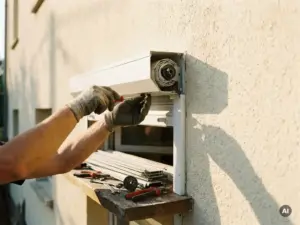 Techniker repariert weißen Rollladenkasten an sonnenbeschienener Hausfassade, zerlegte Metalllamellen und Werkzeug auf Fensterbank.