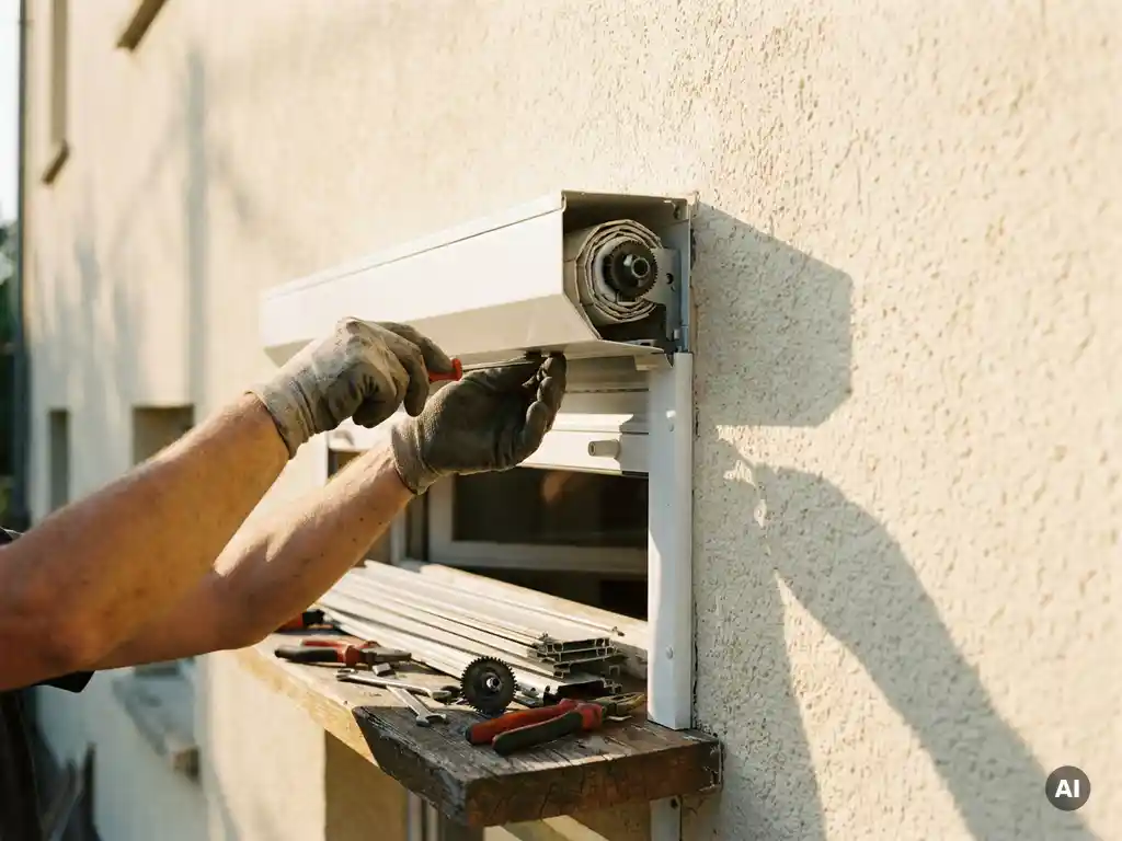 Techniker repariert weißen Rollladenkasten an sonnenbeschienener Hausfassade, zerlegte Metalllamellen und Werkzeug auf Fensterbank.