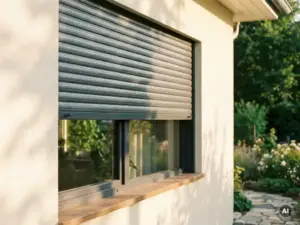 Moderner Rolladen halb geschlossen an einem Einfamilienhaus-Fenster im deutschen Vorort, warmes Nachmittagslicht auf cremefarbener Fassade.