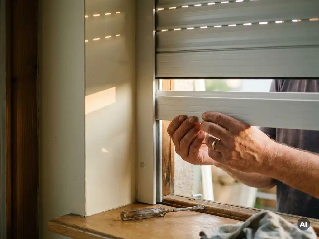 Hände justieren einen weißen Rollladenlamellenstab am Fenster, kleiner Schraubenzieher auf der Fensterbank, warmes Nachmittagslicht.