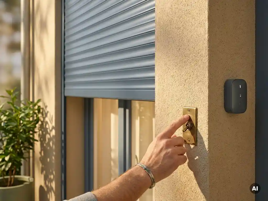 Rolladen an Hausfassade wird per Wandschalter geöffnet, daneben ein Smart-Home-Sensor auf beigem Putz im Nachmittagslicht.
