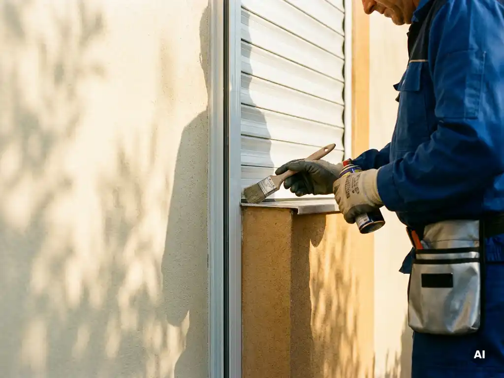 Techniker schmiert Aluminium-Lamellen eines weißen Rollladens an sonniger Hausfassade mit behandschuhter Hand.