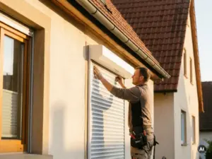 Techniker montiert weißen Außenrollladen an sonnenbeschienener Hausfassade in Esslingen mit Terrakotta-Dachziegeln im Hintergrund.