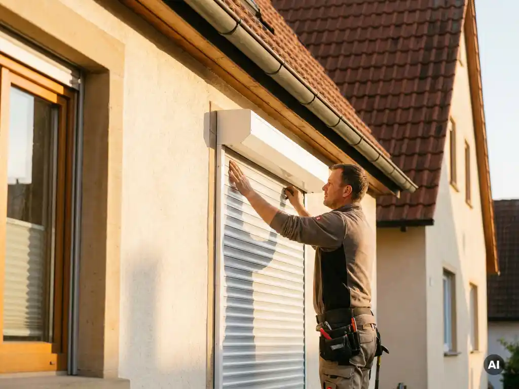 Techniker montiert weißen Außenrollladen an sonnenbeschienener Hausfassade in Esslingen mit Terrakotta-Dachziegeln im Hintergrund.