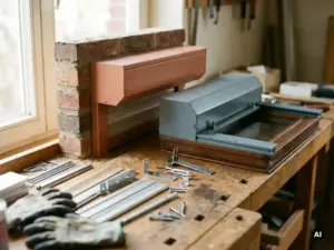 Zwei Rollladenkasten-Profile auf einer Werkbank, eines an einem Ziegelwandausschnitt, eines auf einem Fensterrahmen, mit Aluminiumlamellen und Montagezubehör.