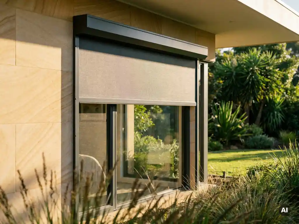 Außenrollladen aus Aluminium halb geöffnet an modernem Hausfenster, warmes Sommerlicht mit scharfen Schatten, grüner Garten im Hintergrund.