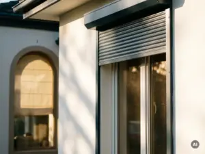 Moderner Aluminium-Rollladen halb geöffnet neben Kastenfenster, diagonale Sonnenschatten auf weißer Putzfassade, Bogenfenster mit Stoffrollo im Hintergrund.