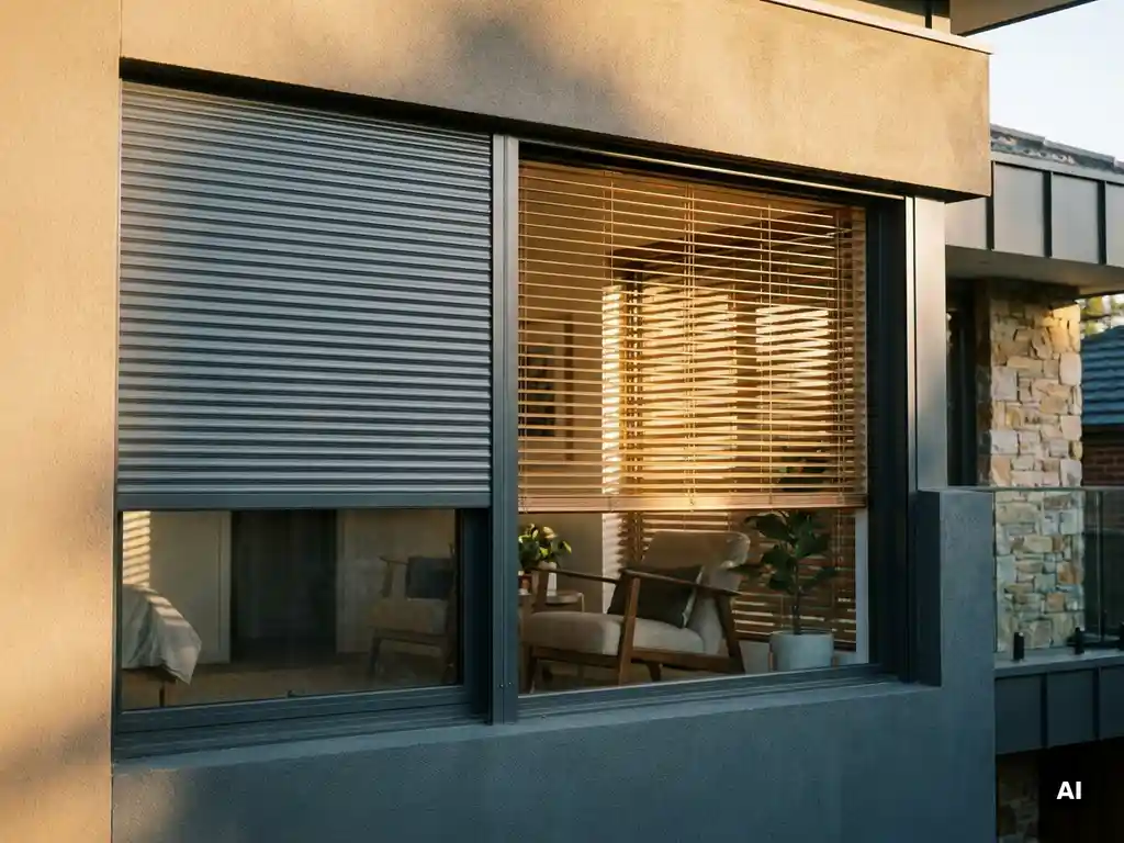 Modernes Hausfenster mit halb gesenktem Außenrollladen und Innenjalousie im warmen Nachmittagslicht an verputzter Sandsteinwand.