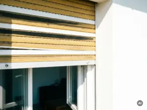Geschlossener Außenrollladen aus Aluminiumlamellen wirft geometrische Schattenstreifen auf eine sonnenbeschienene weiße Fassade.
