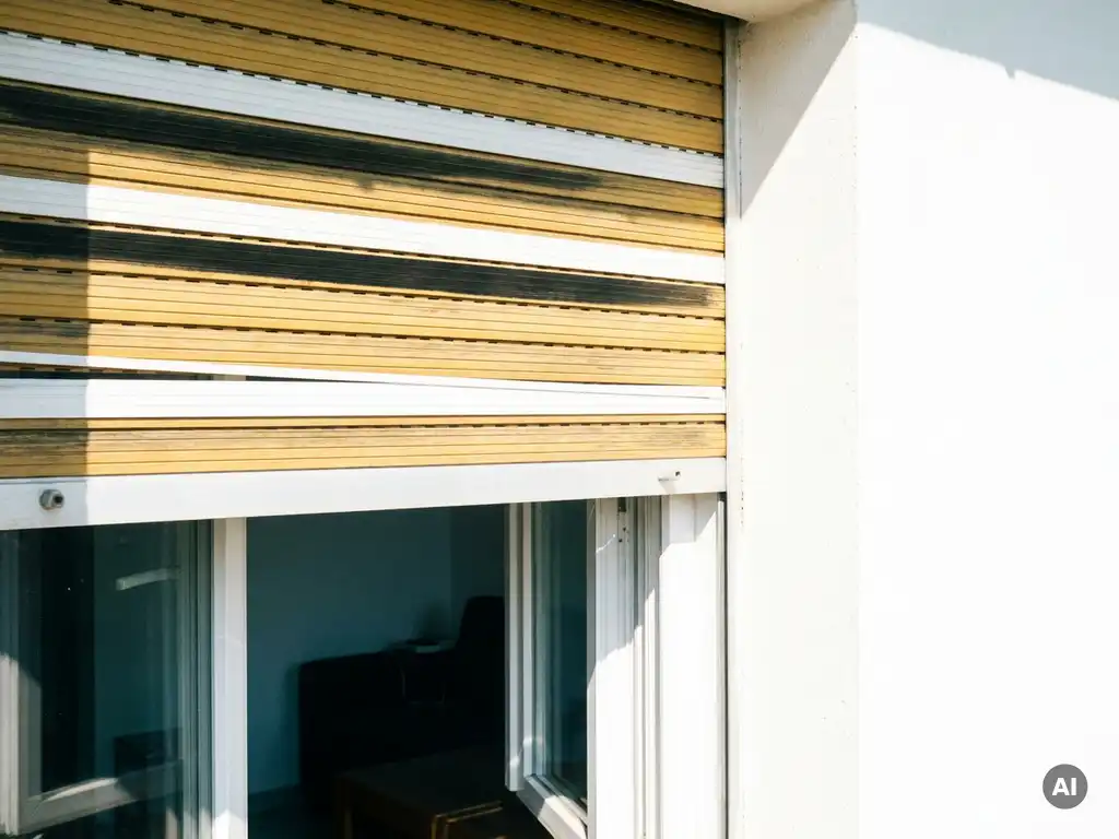 Geschlossener Außenrollladen aus Aluminiumlamellen wirft geometrische Schattenstreifen auf eine sonnenbeschienene weiße Fassade.