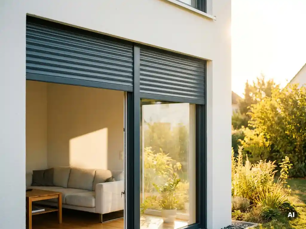 Außenrollladen halb geschlossen vor modernem Fenster, kühler Schatten im hellen Innenraum, sommerlicher Garten im Hintergrund.