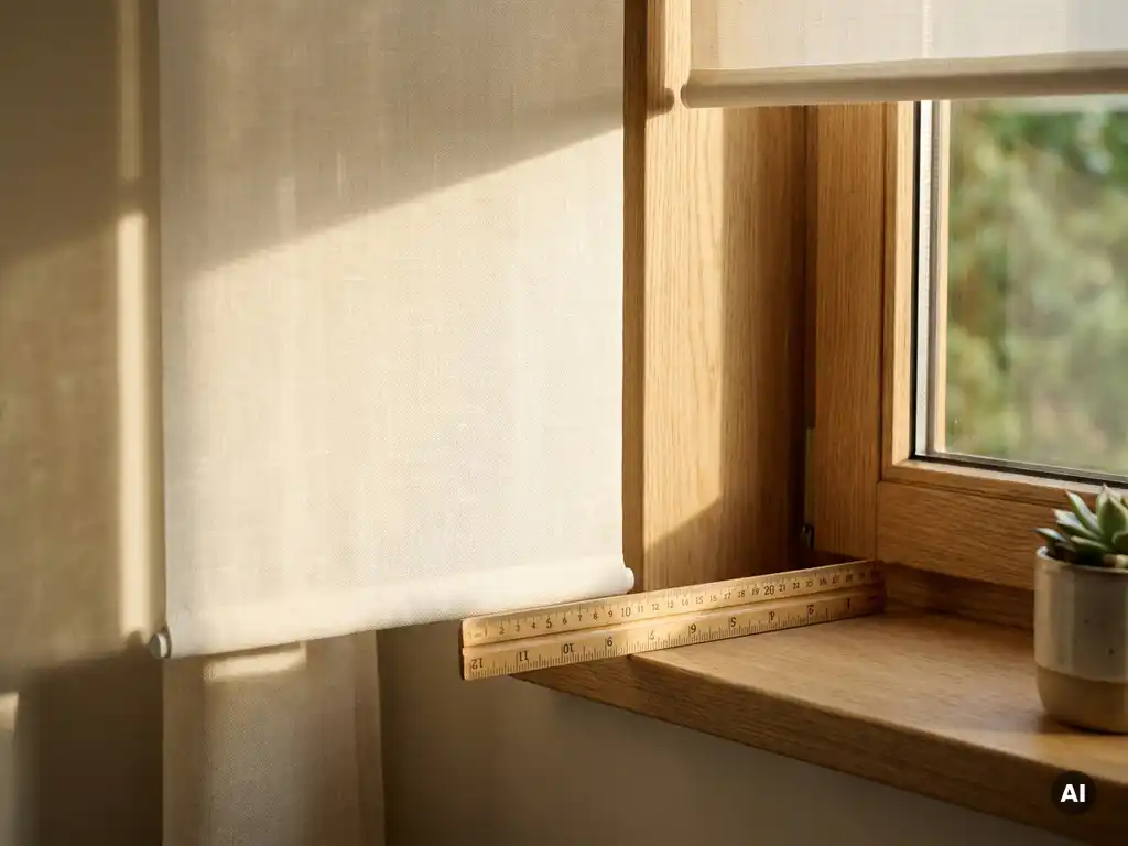 Stoffrollo teilweise abgerollt neben Fensterrahmen, Holzlineal auf Fensterbank zeigt exakte Breitenausrichtung, warmes Nachmittagslicht.