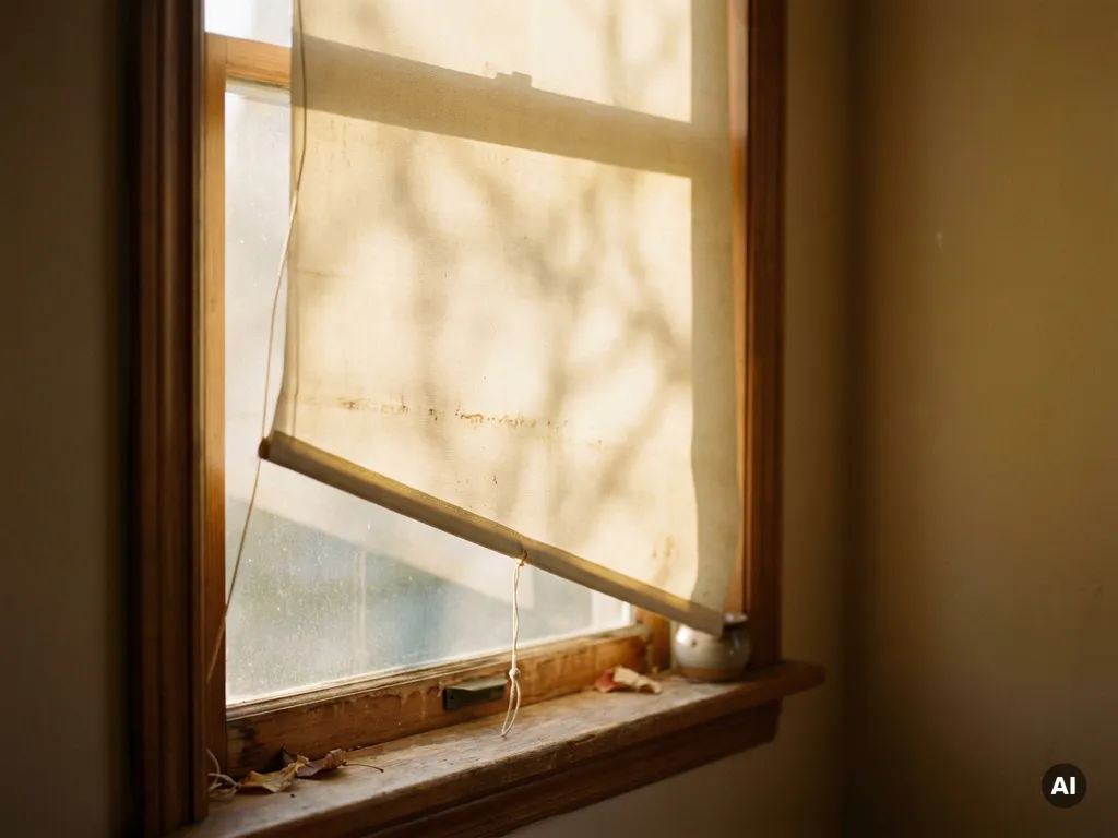 Schief hängendes Rollo mit durchhängender Seite in einem sonnendurchfluteten Fensterrahmen auf cremefarbenem Stoff.