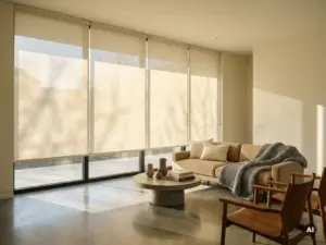 Bodentiefe Fensterfront mit cremefarbenen Rollo-Jalousien, warmem Nachmittagslicht auf Betonboden im modernen Wohnzimmer.