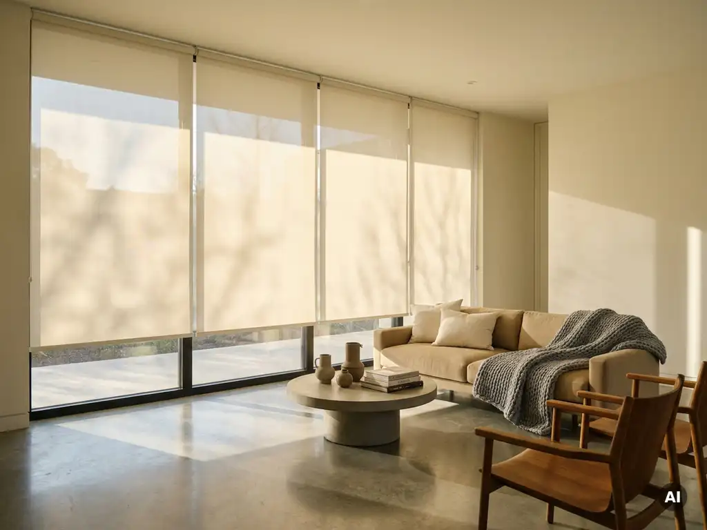 Bodentiefe Fensterfront mit cremefarbenen Rollo-Jalousien, warmem Nachmittagslicht auf Betonboden im modernen Wohnzimmer.