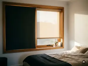 Schlafzimmerfenster mit Verdunkelungsrollo auf einer Seite und transparentem Rollo mit goldenem Sonnenlicht auf der anderen, warmer Eichenrahmen.