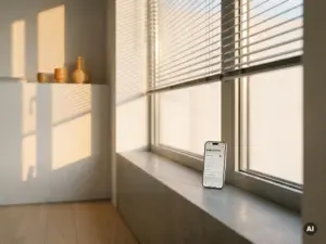 Smartphone auf Fensterbrett steuert smarte Jalousien, warmes Morgenlicht wirft gestreifte Schatten in minimalistisches weißes Zimmer.